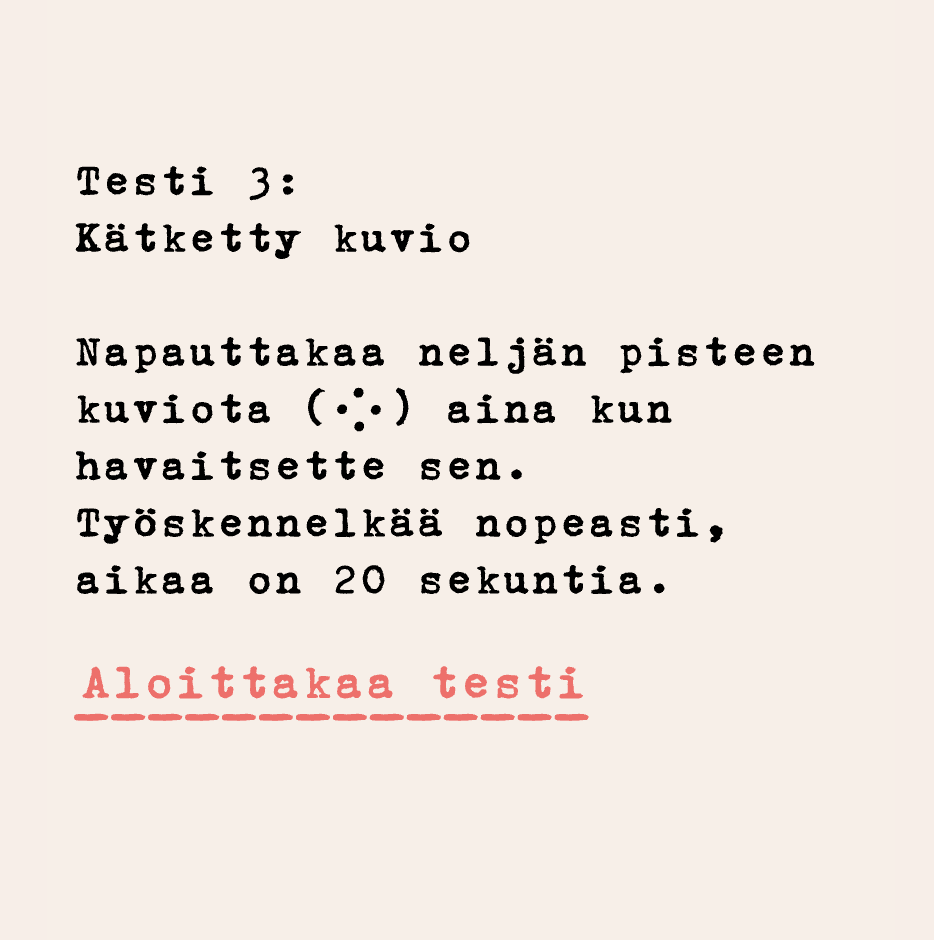 Test 3: Hidden pattern – Instructions for a keypunch aptitude test asking you to tap a four-dot pattern whenever you spot it